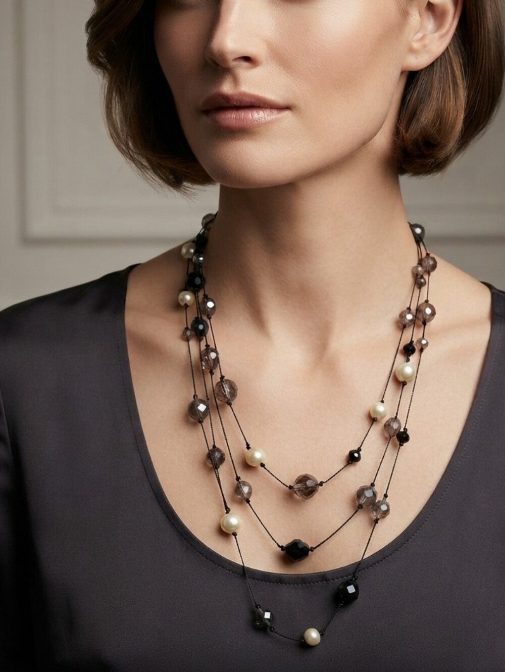 Multi-Strand Pearl & Smoky Bead Necklace in Black and Cream Women's Jewelry